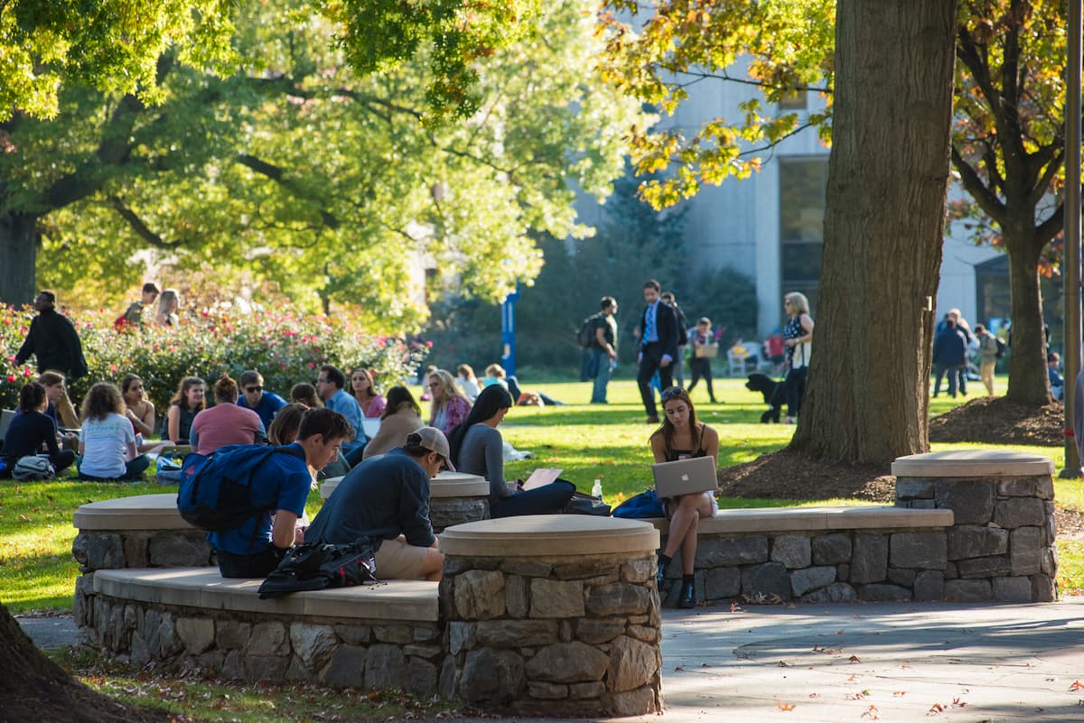 Students gathering outdoors in the quad.